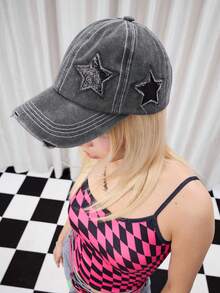 Y2Kool 1入女士刺繡5角星洗水馬尾扣破洞棒球帽，適用於春秋旅遊、沙灘假期，男性遮陽帽，Y2K風格青年帽 - 刺繡 - 查看 13