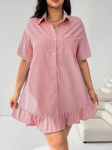 SHEIN EZwear Đầm suông rộng tay ngắn kẻ sọc xanh navy và trắng, viền bèo nhún, cỡ lớn, thích hợp mặc khi đi làm, trở lại trường, thường ngày, hẹn hò, đi chơi - Đỏ và trắng - Xem 4