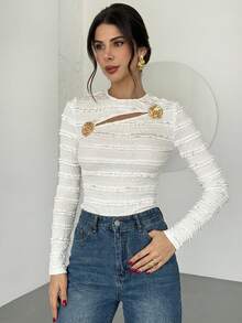 Firerie 女士优雅时尚镂空玫瑰金属装饰纹理面料修身长袖杏色T恤，秋冬款 - 杏色 - 查看 8