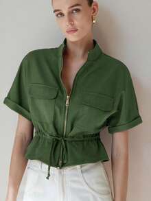 Aveloria Modichic Cămașă scurtă și la modă, cu două buzunare simetrice la piept, design cu talie strânsă, aspect elegant și practic în general. - Verde - Vizualizare 4