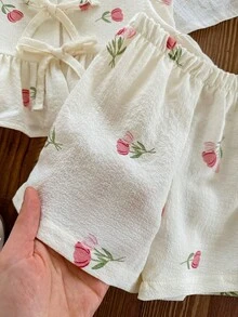 SHEIN LMoss Kids 女婴可爱夏季粉白条纹蝴蝶结无袖上衣和松紧腰短裤套装 - 粉色 - 查看 6