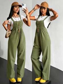 Petos con parche de letra con bolsillo delantero sin camiseta, Mono de de pierna ancha y bolsillos para mujer con ajuste holgado, versátil y casual - Verde - Ver 2