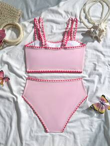 Teen Girl Summer Beach Vacation Contrast Trim Bikini Set High Waist Swimsuit Set Swimsuits For Teen Girls Pink Bathing Suit Set Pink Bikini With Scallop Trim Cute Swimsuit