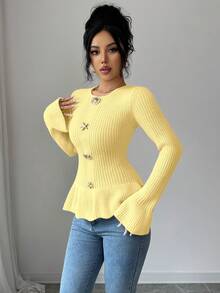 SHEIN Elenzya 女士优雅金属扣袖口荷叶边下摆长袖毛衣，秋冬款 - Butter Yellow - 查看 3