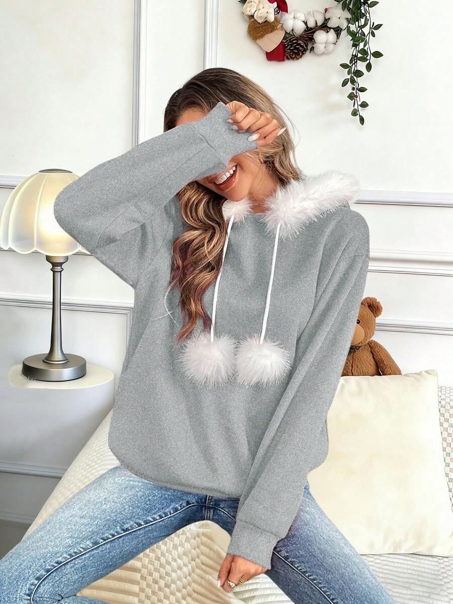 SHEIN LUNE Áo nỉ rộng rãi có mũ trùm đầu chắp vá lông thú dành cho nữ, trang phục thu đông cho năm mới - Xám - Xem 1