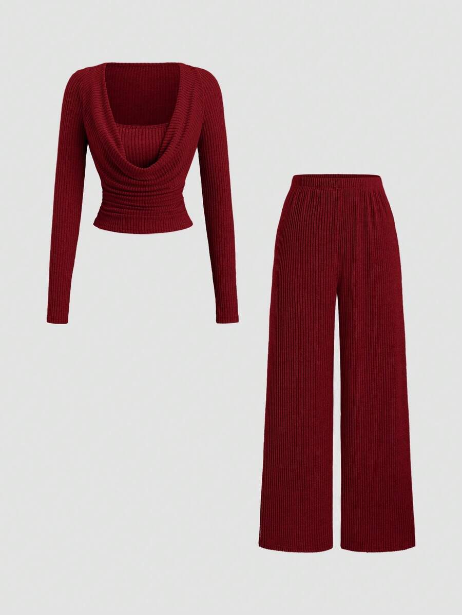 Sweetra Bộ đồ 2 món phong cách cổ điển thanh lịch kiểu Pháp dành cho nữ, thiết kế cổ nhún bèo, tối giản & sang trọng, ống thẳng ôm vừa vặn, đa năng cho trang phục thường ngày, công sở và hàng ngày, mùa thu/đông - Đỏ - Xem 1