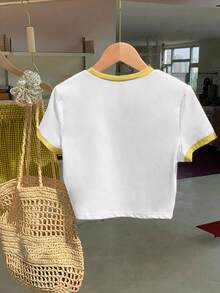 Summer Vibe Lemon Embroidery, Fashionable Casual Colorblock Crew Neck Fitted Cropped T-Shirt, Suitable For Daily Wear - White - View 2