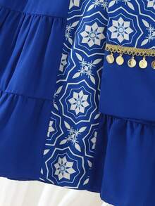 SHEIN Áo Jalabiya màu xanh hải quân họa tiết hoa cho bé gái, kiểu dáng thanh lịch cổ điển thêu hoa, váy dài tay truyền thống tối giản kiểu Ả Rập cho bé gái, phù hợp cho mùa xuân/hè, váy dài tay kín đáo, áo Abaya cầu nguyện, thoải mái dễ chịu, trang phục thường ngày, phong cách nghỉ dưỡng, áo Kaftan kín đáo, áo Jalabiya cho bé gái, áo Jalabiya cho bé gái (kèm túi đeo chéo). - Màu xanh lam - Xem 5