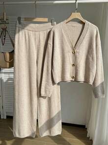 Comfortcana Conjunto informal de 2 piezas de talla grande para mujer, compuesto por un cárdigan de punto de manga larga con hombros caídos y pantalones de punto, para otoño/invierno - Caqui - Ver 3