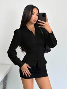 SHEIN PETITE 女士纯色褶皱纽扣长袖衬衫，优雅职业装，教师款，返校季，秋季款，黑色 - 黑色 - 查看 2