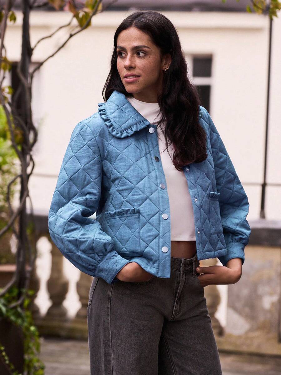 lacRébo Áo khoác chần bông màu hồng bụi mùa thu có cổ nhún bèo và nút cài phía trước dành cho nữ mùa thu đông - Màu xanh lam - Xem 1