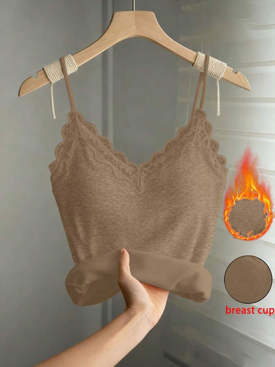 SHEIN LUNE 女士纯色蕾丝拼接优雅吊带衫 - 棕色 - 查看 1