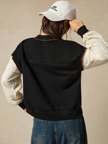 SoleilVie Áo sweatshirt dài tay nữ kiểu vintage phối màu tương phản, khoét rỗng, chất liệu jacquard, thích hợp cho năm mới, thanh lịch, màu trắng, mùa thu, lý tưởng cho những buổi đi chơi và vui vẻ, phong cách retro, thập niên 70, kiểu áo preppy. - Đen và trắng - Xem 3