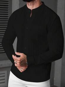 Manfinity CasualCool 男士纯色简约休闲长袖衬衫 - 黑色 - 查看 6