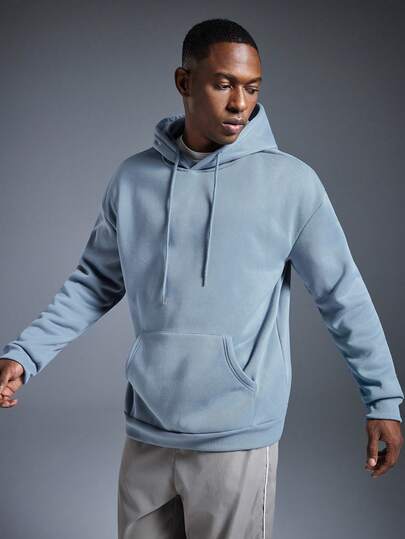 Driftmere 男士纯色落肩长袖抽绳口袋休闲连帽衫，秋冬，返校季