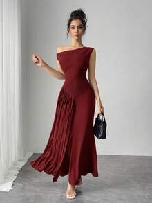 Modelyn Vestido largo ajustado con cuello asimétrico de unicolor para mujer - Burdeos - Ver 5