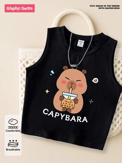 GraphicGems Top de tirantes negra con estampado de una capibara linda tomando bubble tea para niñas preadolescentes
