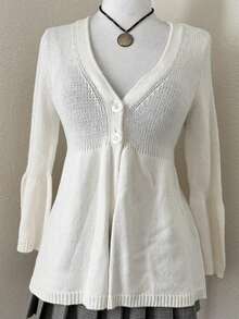 Lalippa 女士纯色V领前开襟纽扣休闲长袖针织开衫 - 白色 - 查看 5