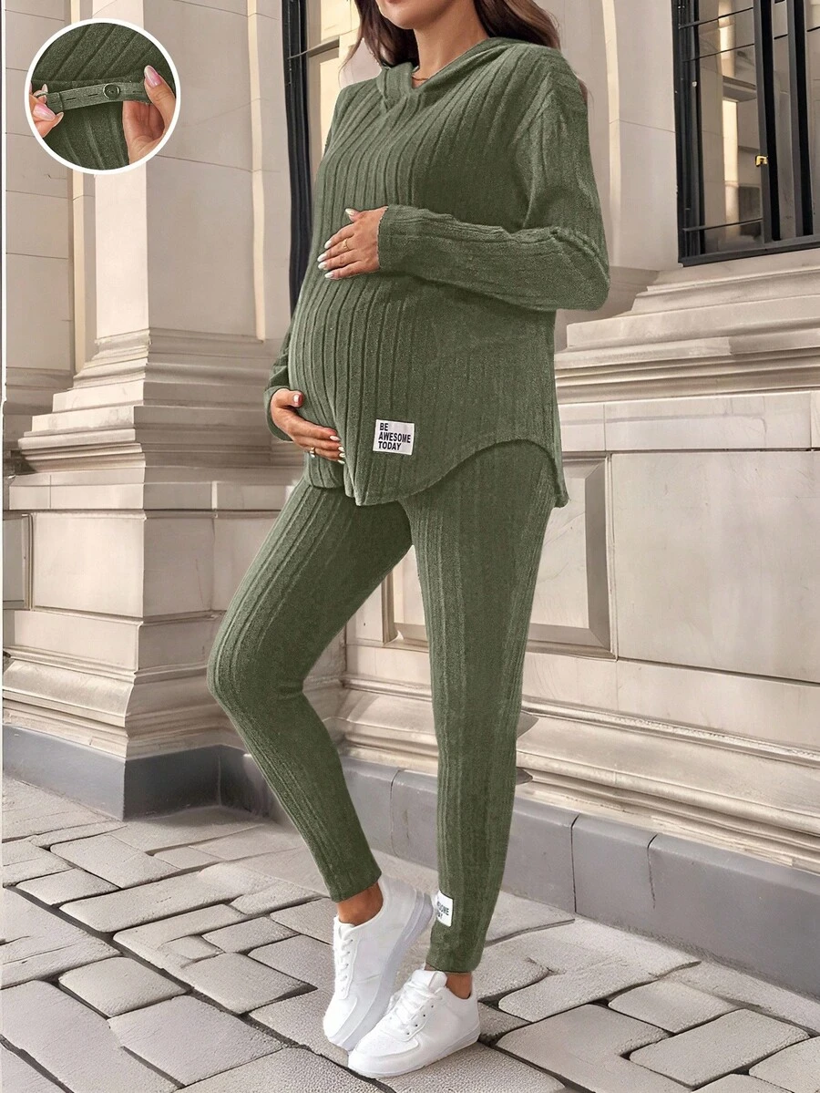 SHEIN 2pcs Maternity Casual Solid Color Hoodie And Pants Set, Autumn Fall - Army Green - View 1