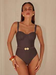 Swim Chiccia Women's Summer Beach Solid Color Shaping Fabric Wide Strap Front Pleated Waist Metal Shell Decor High Elasticity Comfortable Casual Holiday One Piece Swimsuit - Brown - View 3