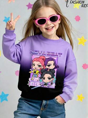 1件装少女休闲韩流卡通人物渐变长袖圆领连帽卫衣，适合女孩日常及假日穿着的舒适针织长袖套头衫，秋冬季穿着