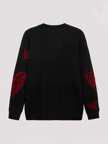 Open Phase 男士休闲圆领心形图案针织毛衣，欧美风格，适合秋冬季节，日常搭配，男友/老公礼物 - 黑色 - 查看 2