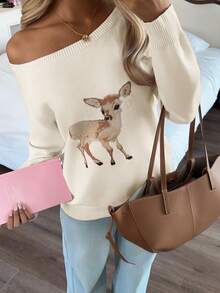 CovetEZ Áo len nữ dáng rộng trễ vai họa tiết hươu, màu mơ, thu/đông - Màu be - Xem 4