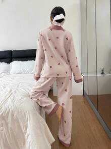 Dream Adore Ensemble pyjama femme à manches longues et pantalon avec col contrasté, motif à bulles, froissé, cœur et rayures - Multicolore - Voir 2