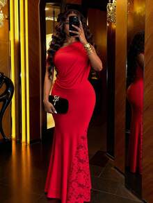 Slaydiva Trang phục thường ngày cho mùa cưới thu đông mới, năm mới, ngày lễ tình nhân, phù hợp cho các buổi hẹn hò hàng ngày, đi làm, công việc, nữ tính, thanh lịch, bãi biển, tiệc du thuyền, đơn giản, phổ biến trực tuyến, tiệc sinh nhật, tiệc cao cấp, váy dạ hội, váy trễ vai gợi cảm, váy trễ vai, váy dài ôm sát đính ruy băng, váy đuôi cá bằng vải dệt kim chắp vá ren và váy dài siêu dài màu đỏ dành cho nữ - Đỏ - Xem 11