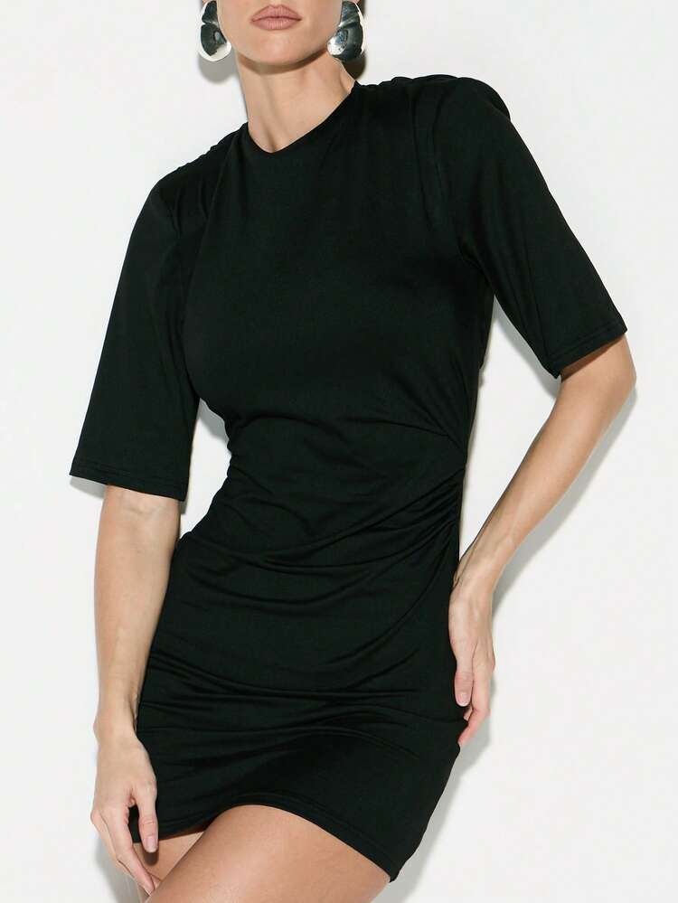 KIZN Women Shoulder Pad Ruched Bodycon Mini Dress With Lace-Up Back Detail Long Sleeve Fitted Party Dress