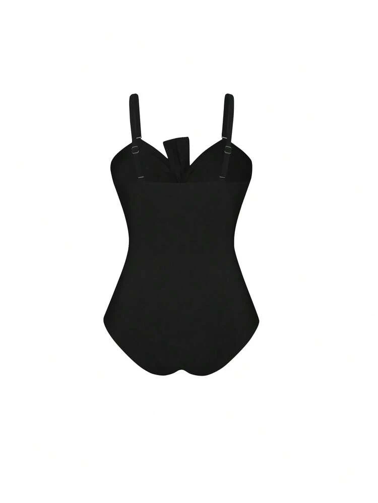 Swim Oasis Conjunto de biquíni plus size feminino de duas peças, preto, com laço, composto por maiô simples e saia de saída de praia estampada em tule. Ideal para férias de verão na praia. - Preto - Ver 5
