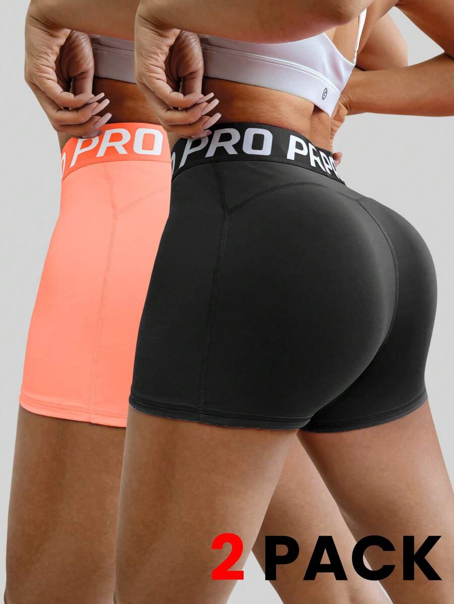 Easithlete Quần short thể thao chạy bộ yoga in chữ 2 mảnh cho nữ Quần short thể thao cạp cao bằng vải thun Spandex cho nữ Quần short thể thao - Nhiều màu - Xem 1