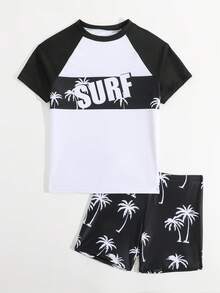 SHEIN Teenager Jungen Zweiteiler Badeanzug Set, Teenager Jungen bedruckter Badeanzug für Strand und Surfen - Schwarz und Weiss - Übersicht 8