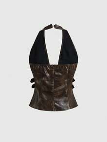 ROMWE Bộ đồ hai mảnh vải PU trang trí lễ hội âm nhạc Hippie cổ điển dành cho nữ - màu nâu - Xem 3