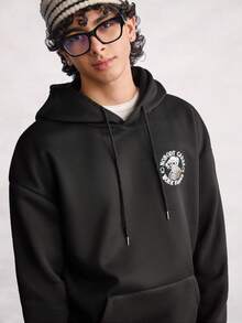 Open Phase 男士街头风格线条骷髅图案休闲连帽卫衣，秋冬 - 黑色 - 查看 6