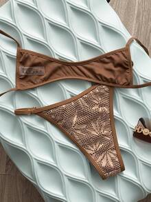 Swim Vcay 2026 New Spring/Summer Women 2pcs Sexy Micro Bikini Set, Beach Vacation Casual Brown Bathing Suit Women Brown Bikini Set Textured Bikini Criss Cross Bikini Mini Bikini - Brown - View 2