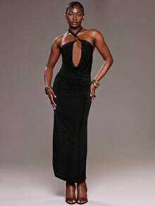 Normani Vestido Verão Feminino Sexy de Cor Sólida com Recorte Vazado e Costas Abertas com Fenda Alta - Preto - Visão 1