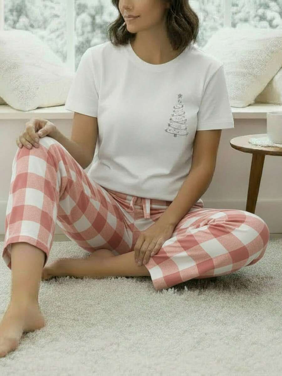 Conjunto de pijama con top de manga corta con estampado a cuadros y pantalón largo de dormir a cuadros con bolsillos para mujer - Rosa - Ver 1