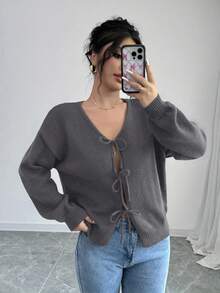 SHEIN Clasi 女士纯色系带长袖休闲衬衫，简约设计，适合日常穿着；短款开衫；黑色开衫；女童蝴蝶结开衫；黑色开衫；短款开衫 - 深灰色 - 查看 5