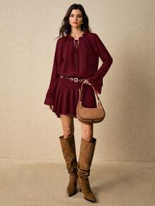 Poéselle 女士纯色系带领优雅长袖迷你连衣裙 - 酒紅色 - 查看 2