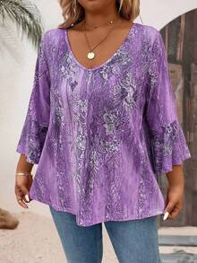 大码女式休闲数码印花心形领七分袖T恤图案上衣 - 紫色 - 查看 4