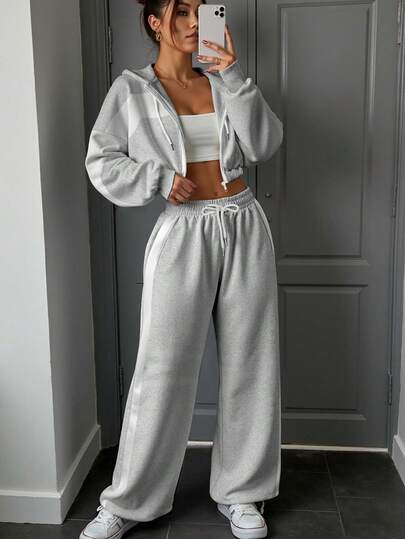 INAWLY Conjunto informal de 2 piezas de sudadera con capucha de manga larga y hombros caídos en contraste de color y pantalón de chándal para mujer