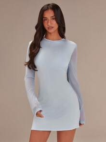 Athîral Women's Casual Light Blue Mesh Long-Sleeved Fashion Mini Dress, Featuring A Spliced ​​Sleeve Design, A Fitted Silhouette, Comfortable, Blue Dress,Baby Blue Mini Dress,Soft Knit Fabric,Valentine Outfits For Women,Valentine's Day Outfit,Birthday Outfits For Women,Casual Dresses For Women,Vacation Outfits Women,Summer Dress - Baby Blue - View 4
