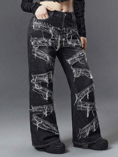 Goth Jeans de mezclilla desgastados, con remaches y deshilachados, en estilo callejero casual de moda punk grunge para mujer de talla grande, para otoño/invierno