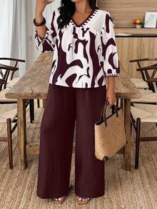 Weeklong 女士加大码V领灯笼袖衬衫搭配阔腿裤休闲套装，适合日常、派对、度假等场合。 - 彩色 - 查看 3