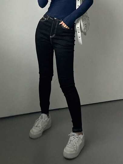 DAZY 女士撞色拼接修身牛仔裤