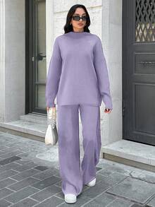 SHEIN Tall 2pcs/Set Stand Collar Long Sleeve Pullover Top And Pants Casual Knit Suit - Mauve Purple - View 5