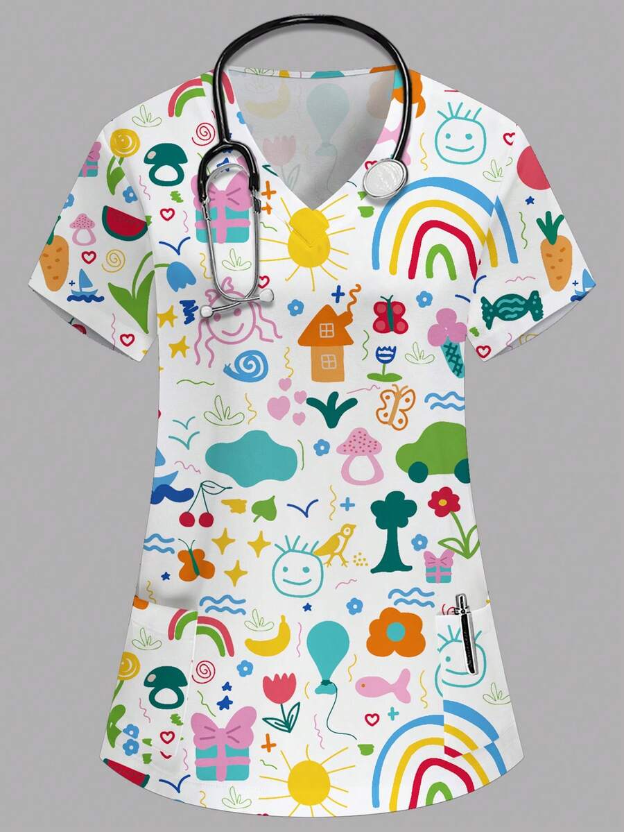 PopScrub 女士V领短袖双口袋可爱涂鸦爱心彩虹印花护士/医生制服上衣/检查手术服/宠物美容服上衣/营养师工作服短袖/多口袋实验服，功能性工作服，女士节日实用款，可爱欢乐的护士服上衣，女士护士衬衫制服，女士工作服 - 粉色 - 查看 1