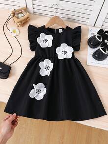 SHEIN Young Girl Woven Colorblock 3D Floral Round Neck Cap Sleeve Black Summer Dress,Kids A-Line 7th Birthday Party Dress For 8 Year Old Elegant Abaya - Red - View 5