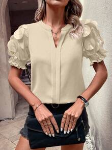 EMERY ROSE Women's Floral Embroidery Notched Collar Shirt For New Year Clothes - Apricot - View 3